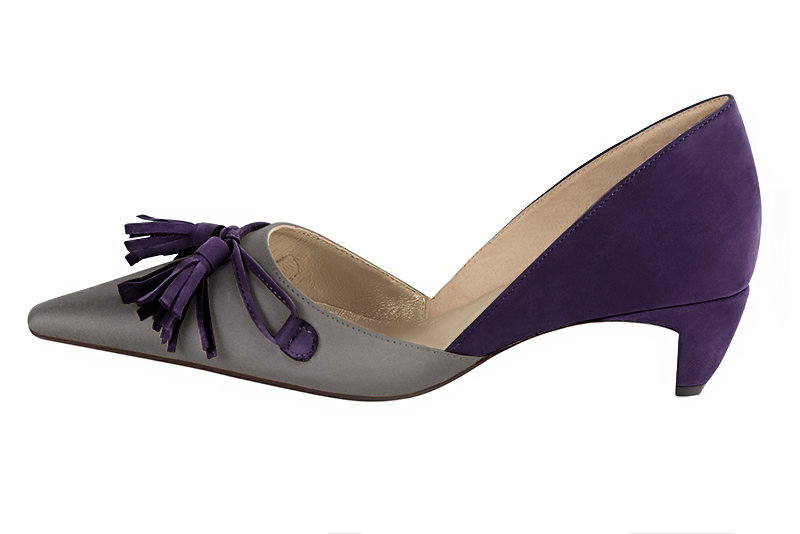 Ash grey and amethyst purple women's open arch dress pumps. Pointed toe. Low comma heels. Profile view - Florence KOOIJMAN